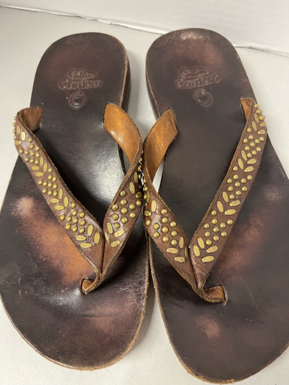 CalleenCordero Women's Brown Leather Stud-Embellished Flip Flop Sandals